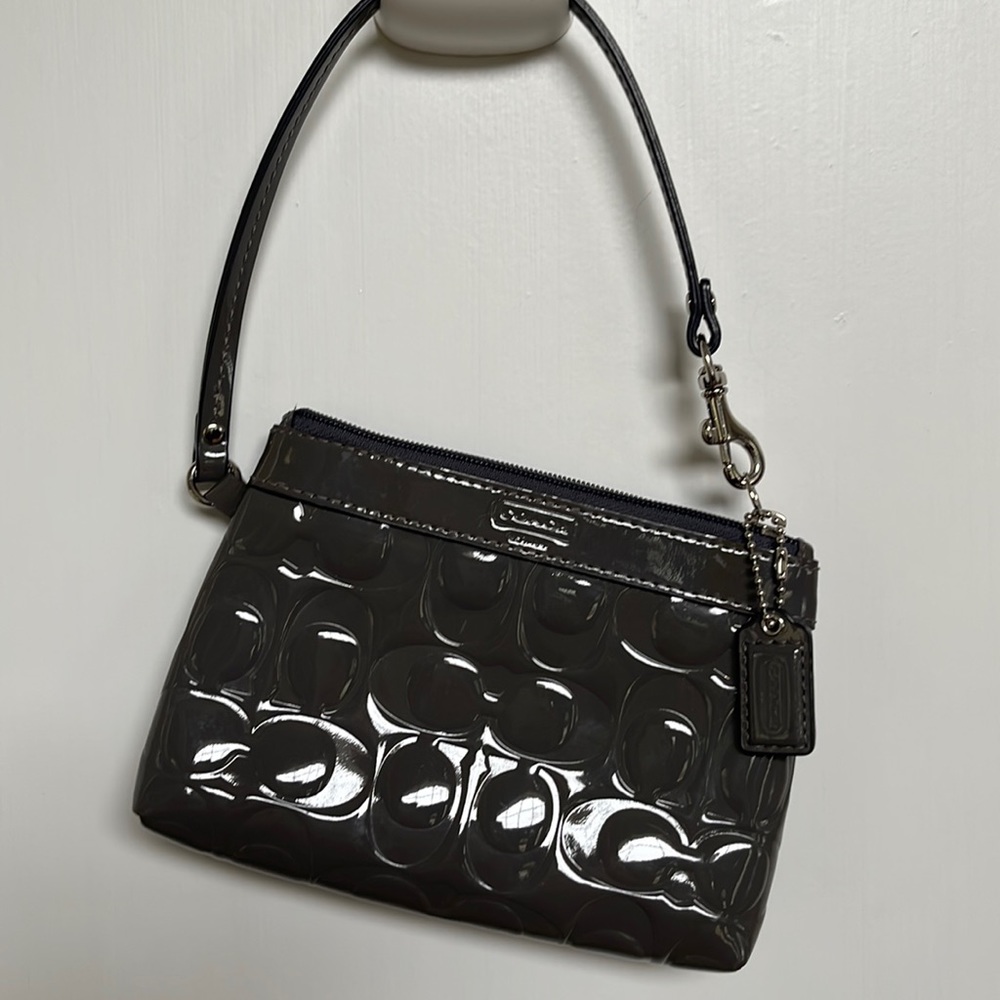 Coach gray glossy embossed wristlet purse